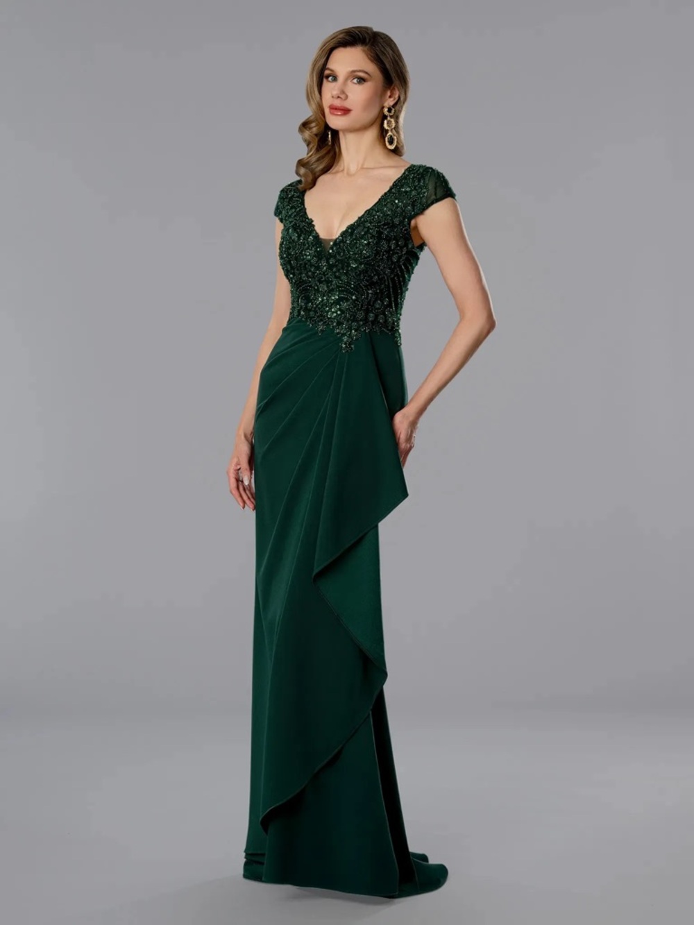Embroidered Emerald Green V-Neck Maxi Dress